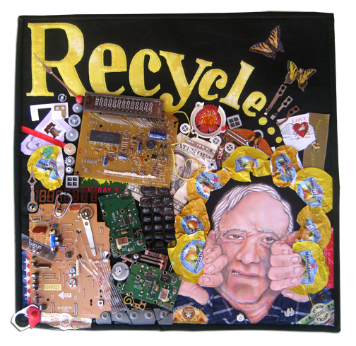 2011 contest, “Alliance: People, Patterns, Passion17. "Recycle/Repurpose"Patricia Ann HobbsMacomb, IllinoisFast to fuse, found objects, machine applique, oil pastels, machine quilted.My passion for over forty years has been teaching art, but that also includes collecting odd found objects – lots of them (the bane of my husband’s existence). Making something out of “nothing” is the challenge. One of my favorite artists was Robert Rauschenberg, the father of recycling. The patterns on this quilt are created with the repetition of similar little pieces or colored objects. People? Number one is my husband of 44 years.